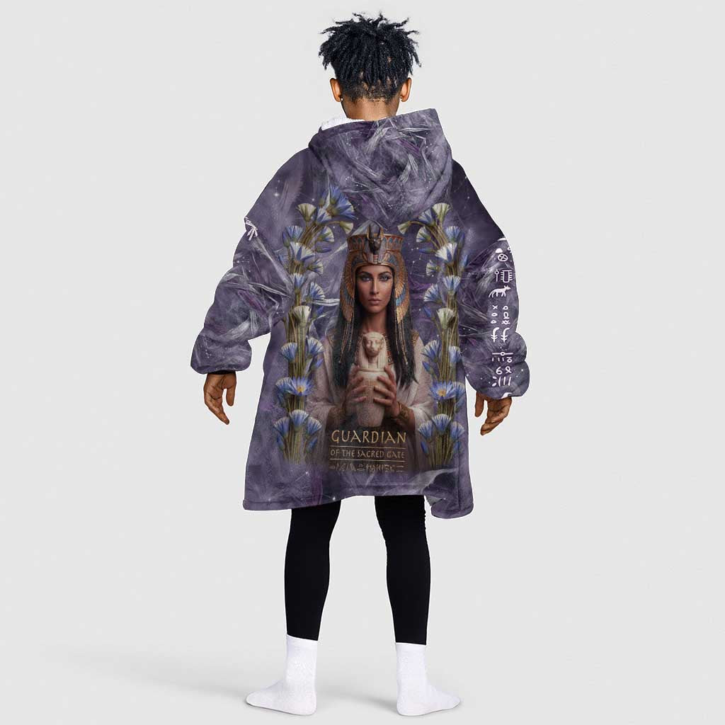 Anput Sacred Urn Kid Wearable Blanket Hoodie with Papyrus Flowers Egyptian Guardian in Violet Mist