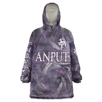 Anput Sacred Urn Kid Wearable Blanket Hoodie with Papyrus Flowers Egyptian Guardian in Violet Mist