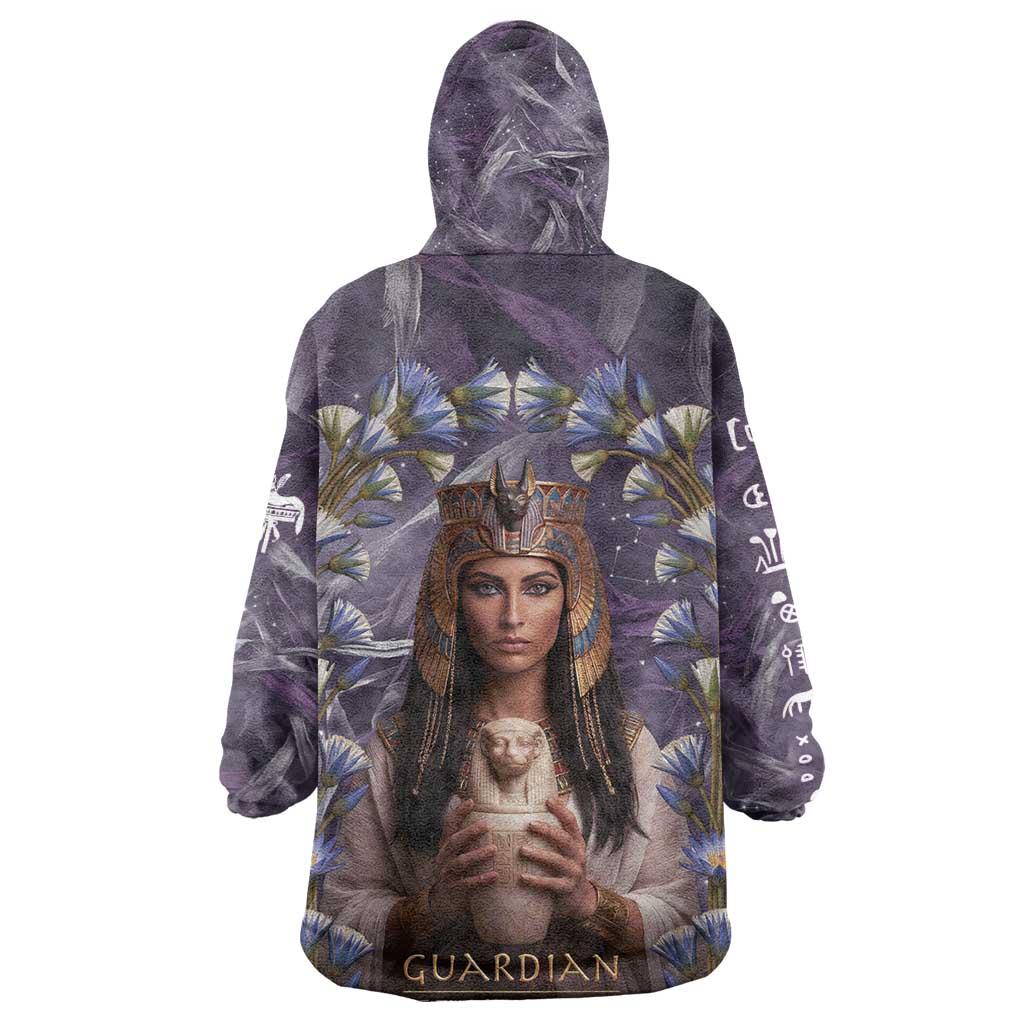 Anput Sacred Urn Kid Wearable Blanket Hoodie with Papyrus Flowers Egyptian Guardian in Violet Mist