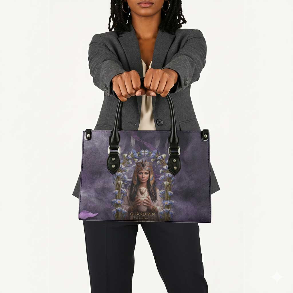 Anput Sacred Urn Leather Bag with Papyrus Flowers Egyptian Guardian in Violet Mist