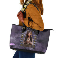 Anput Sacred Urn Leather Tote Bag with Papyrus Flowers Egyptian Guardian in Violet Mist
