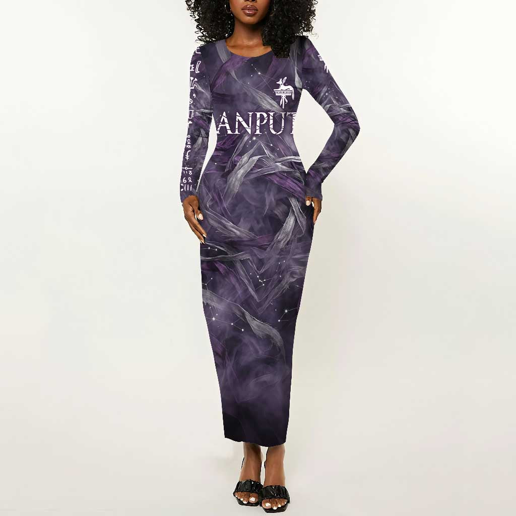 Anput Sacred Urn Long Sleeve Bodycon Dress with Papyrus Flowers Egyptian Guardian in Violet Mist