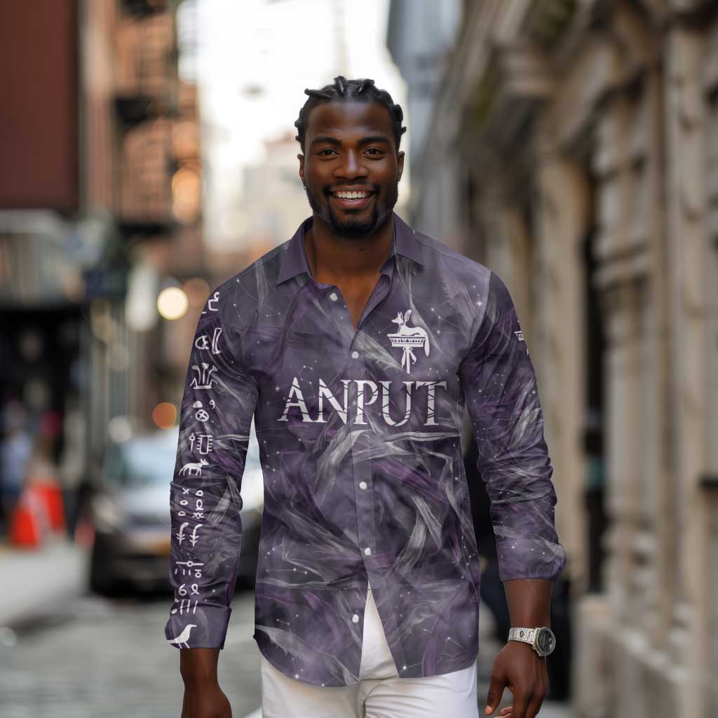Anput Sacred Urn Long Sleeve Button Shirt with Papyrus Flowers Egyptian Guardian in Violet Mist