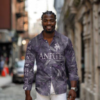 Anput Sacred Urn Long Sleeve Button Shirt with Papyrus Flowers Egyptian Guardian in Violet Mist