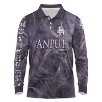 Anput Sacred Urn Long Sleeve Polo Shirt with Papyrus Flowers Egyptian Guardian in Violet Mist