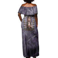 Anput Sacred Urn Off Shoulder Maxi Dress with Papyrus Flowers Egyptian Guardian in Violet Mist