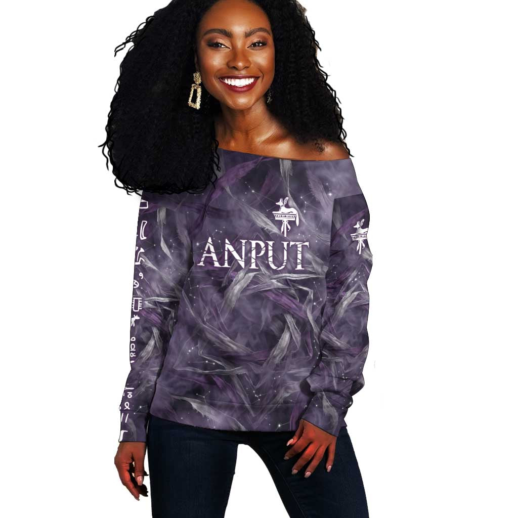 Anput Sacred Urn Off Shoulder Sweater with Papyrus Flowers Egyptian Guardian in Violet Mist