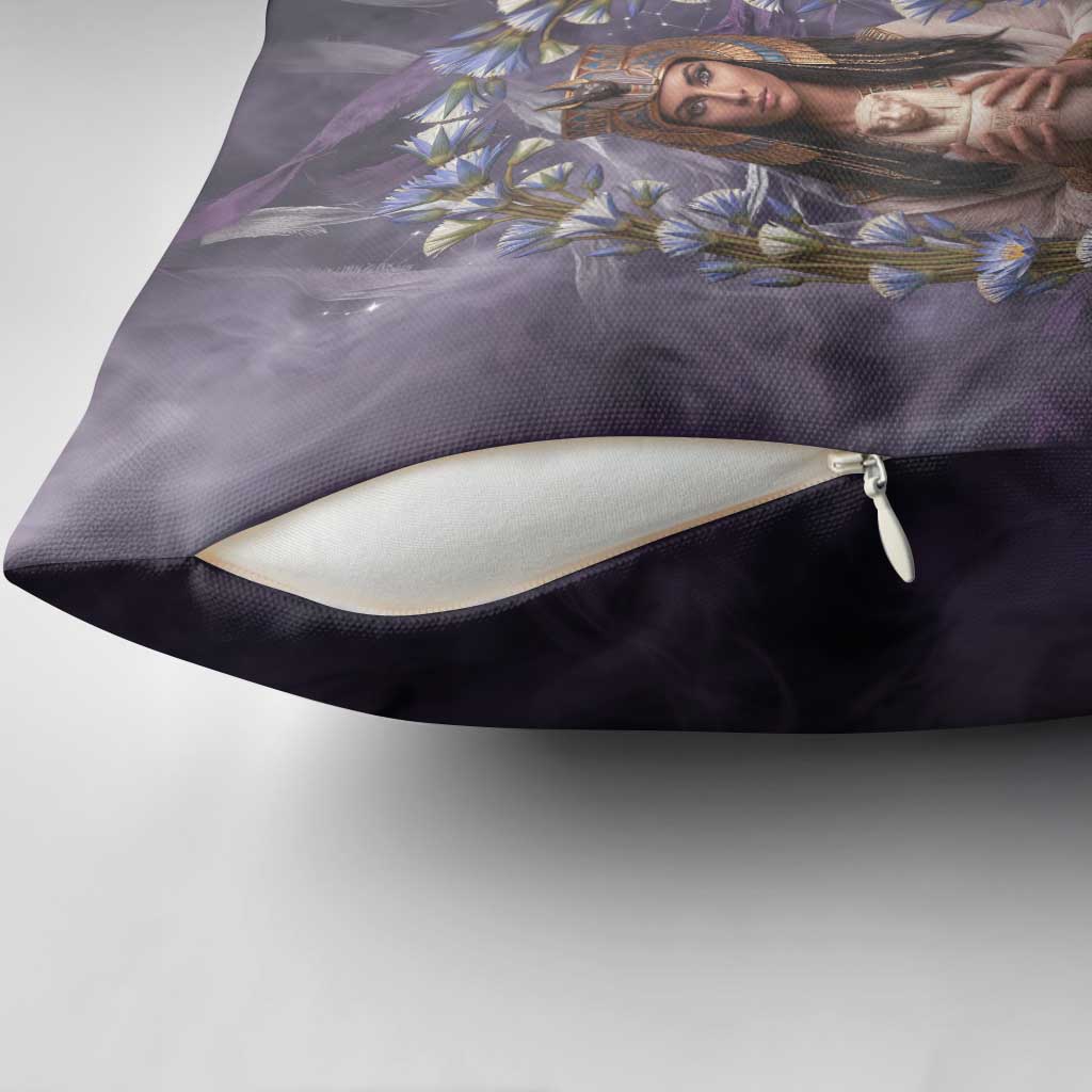 Anput Sacred Urn Pillow Cover with Papyrus Flowers Egyptian Guardian in Violet Mist