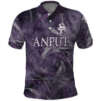 Anput Sacred Urn Polo Shirt with Papyrus Flowers Egyptian Guardian in Violet Mist
