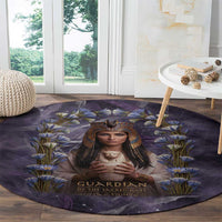 Anput Sacred Urn Round Carpet with Papyrus Flowers Egyptian Guardian in Violet Mist