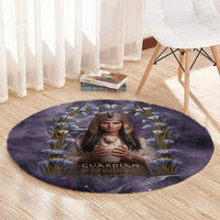Anput Sacred Urn Round Carpet with Papyrus Flowers Egyptian Guardian in Violet Mist