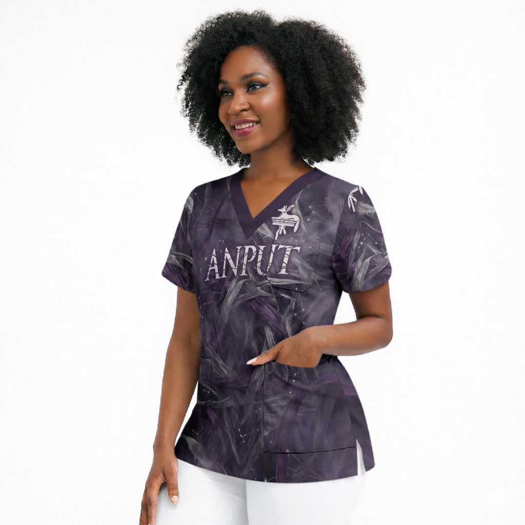 Anput Sacred Urn Scrub Top with Papyrus Flowers Egyptian Guardian in Violet Mist