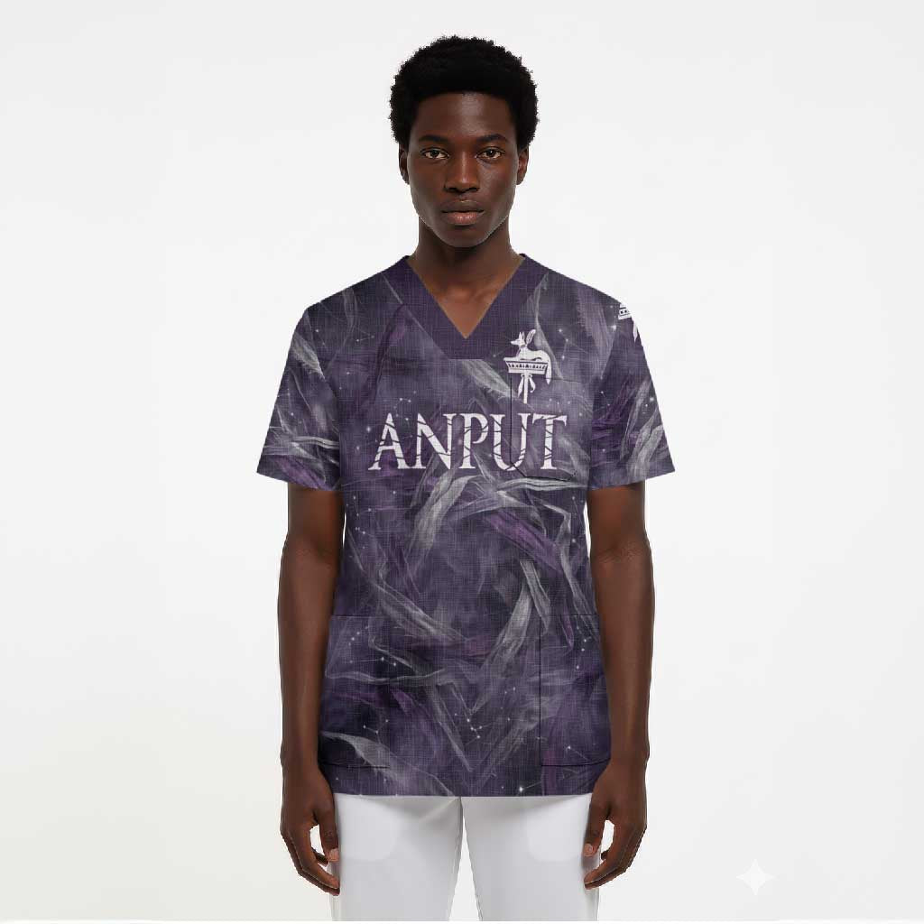 Anput Sacred Urn Scrub Top with Papyrus Flowers Egyptian Guardian in Violet Mist