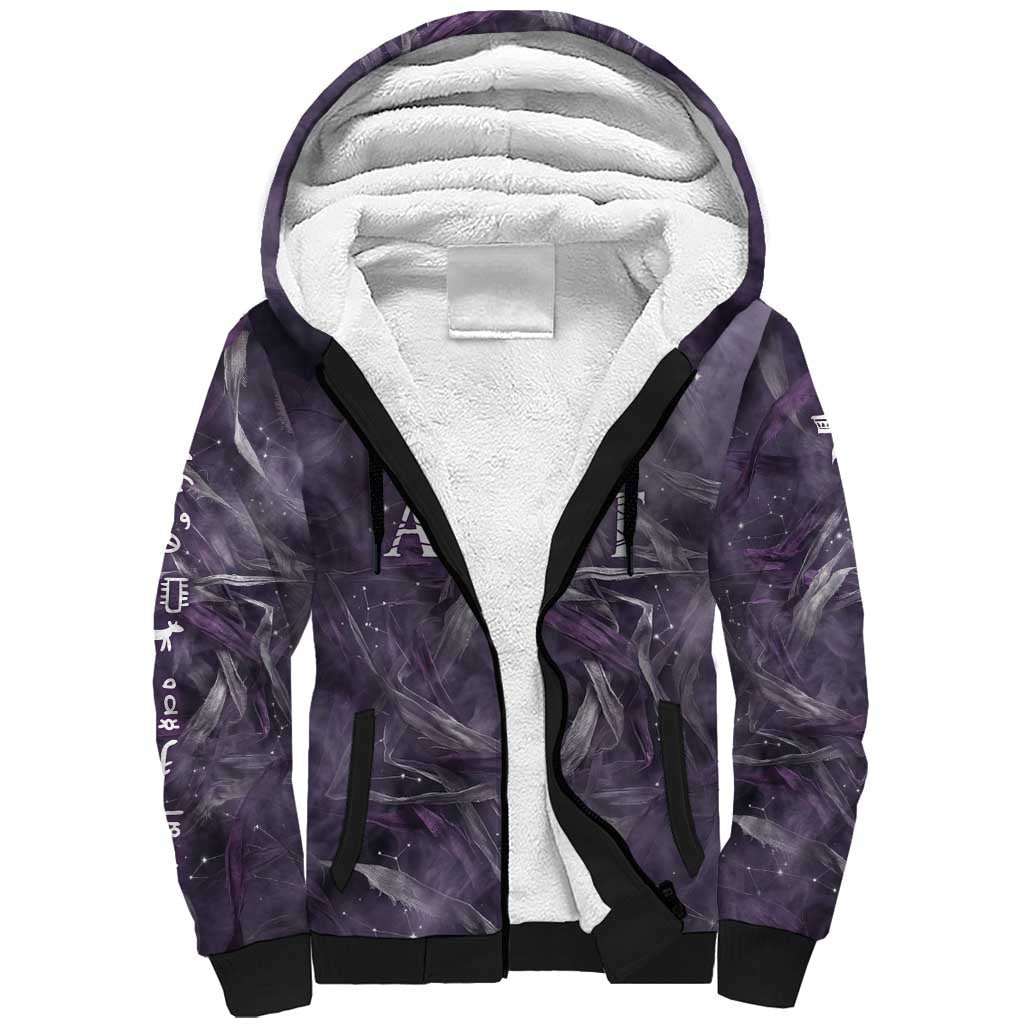 Anput Sacred Urn Sherpa Hoodie with Papyrus Flowers Egyptian Guardian in Violet Mist