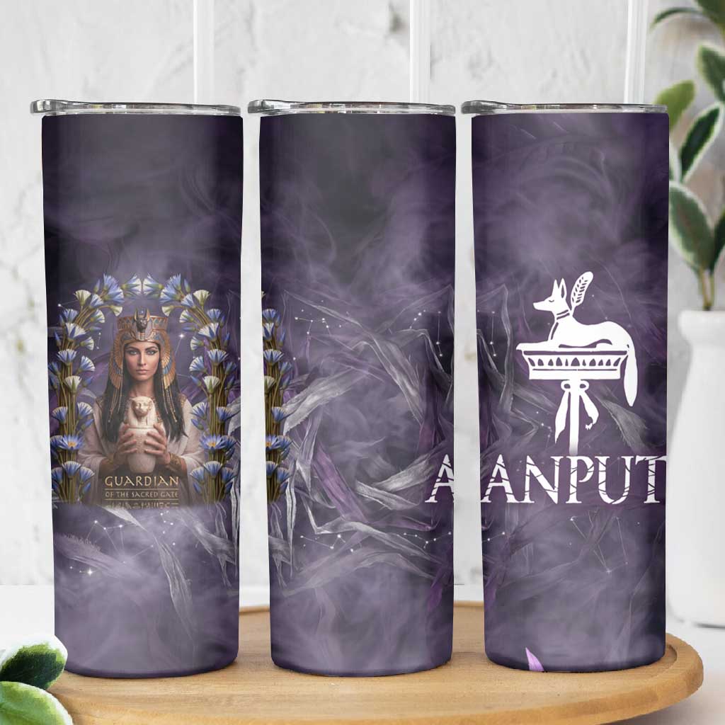 Anput Sacred Urn Skinny Tumbler with Papyrus Flowers Egyptian Guardian in Violet Mist