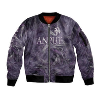 Anput Sacred Urn Sleeve Zip Bomber Jacket with Papyrus Flowers Egyptian Guardian in Violet Mist