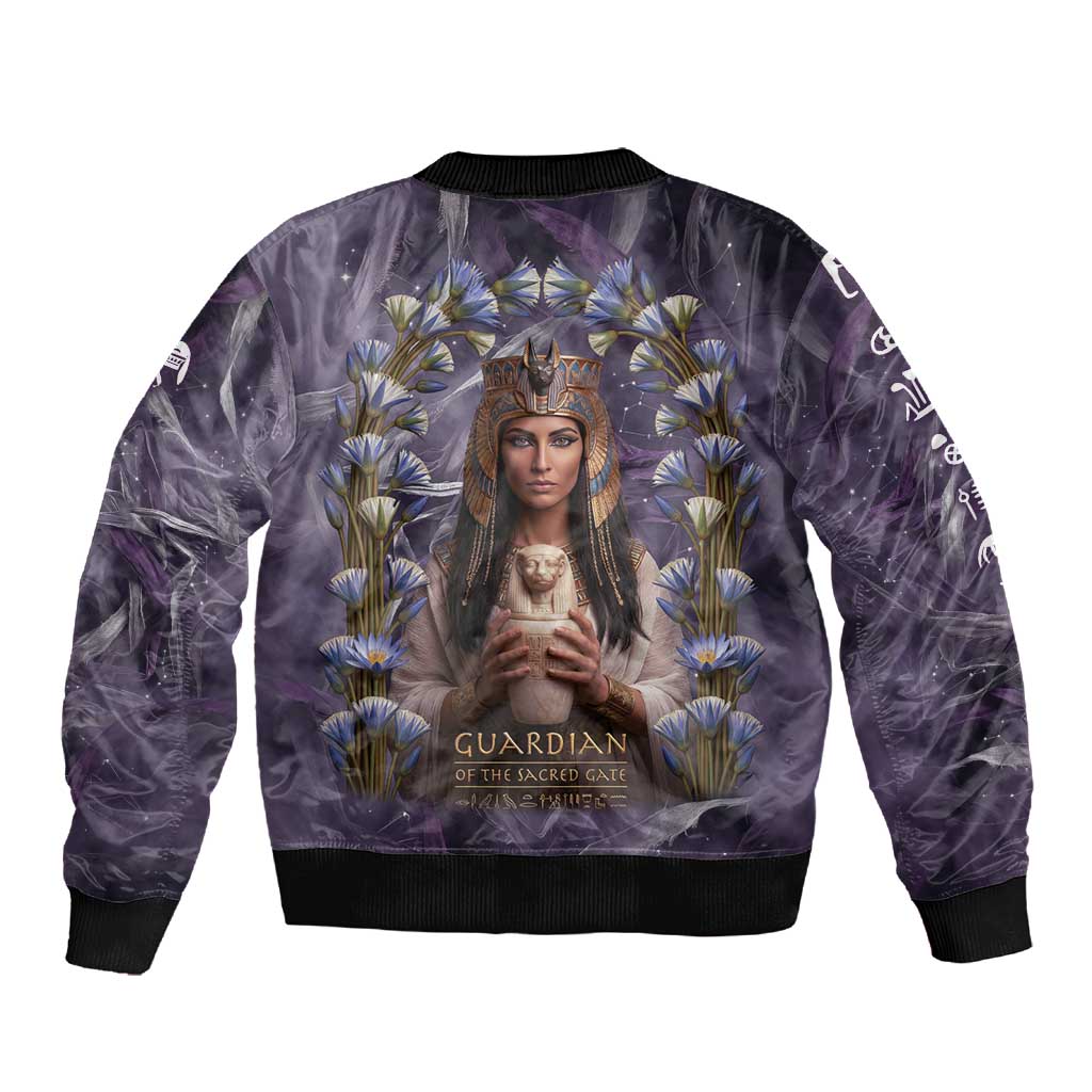 Anput Sacred Urn Sleeve Zip Bomber Jacket with Papyrus Flowers Egyptian Guardian in Violet Mist
