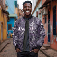 Anput Sacred Urn Sleeve Zip Bomber Jacket with Papyrus Flowers Egyptian Guardian in Violet Mist