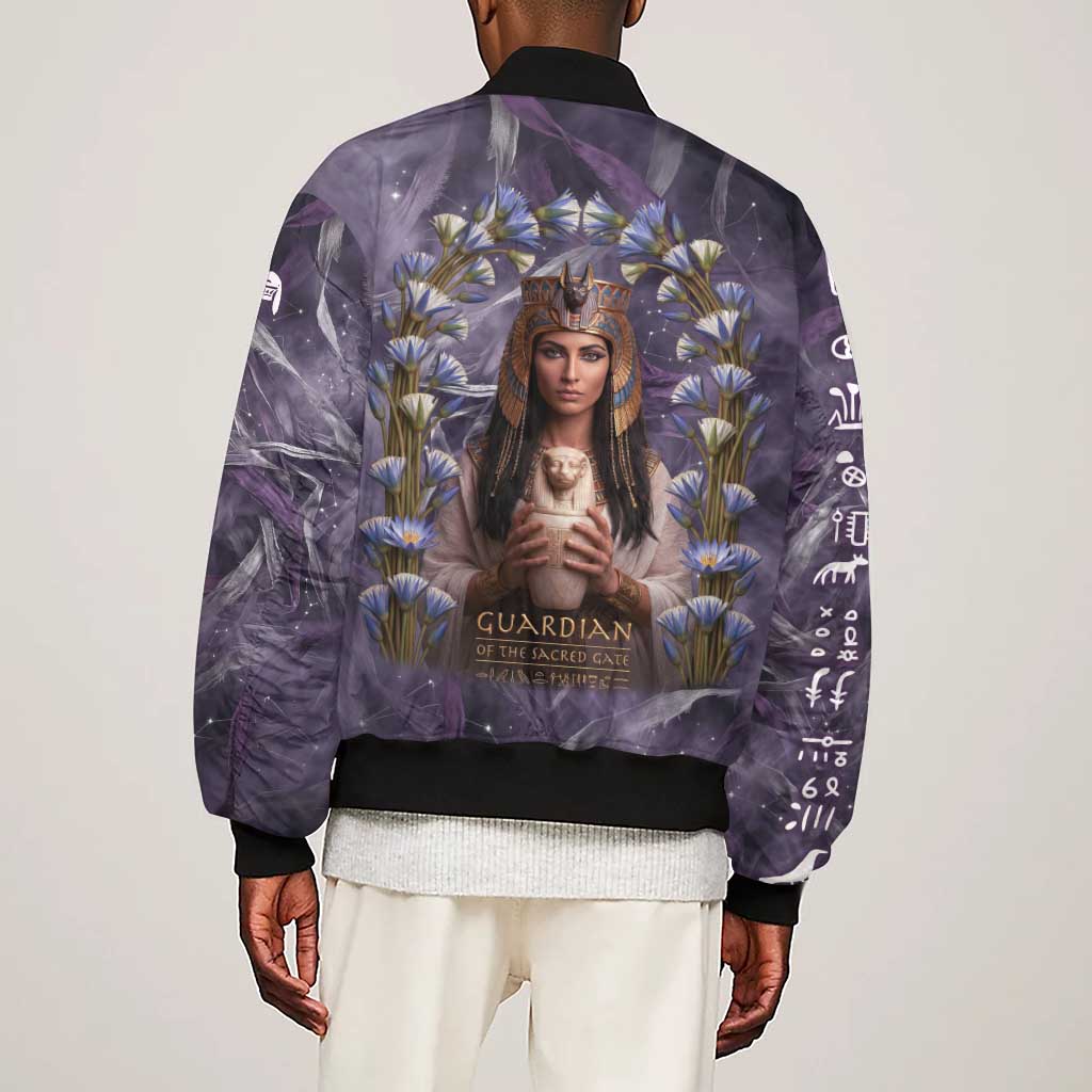 Anput Sacred Urn Sleeve Zip Bomber Jacket with Papyrus Flowers Egyptian Guardian in Violet Mist