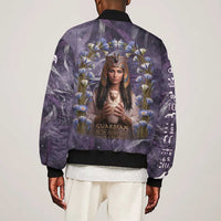 Anput Sacred Urn Sleeve Zip Bomber Jacket with Papyrus Flowers Egyptian Guardian in Violet Mist