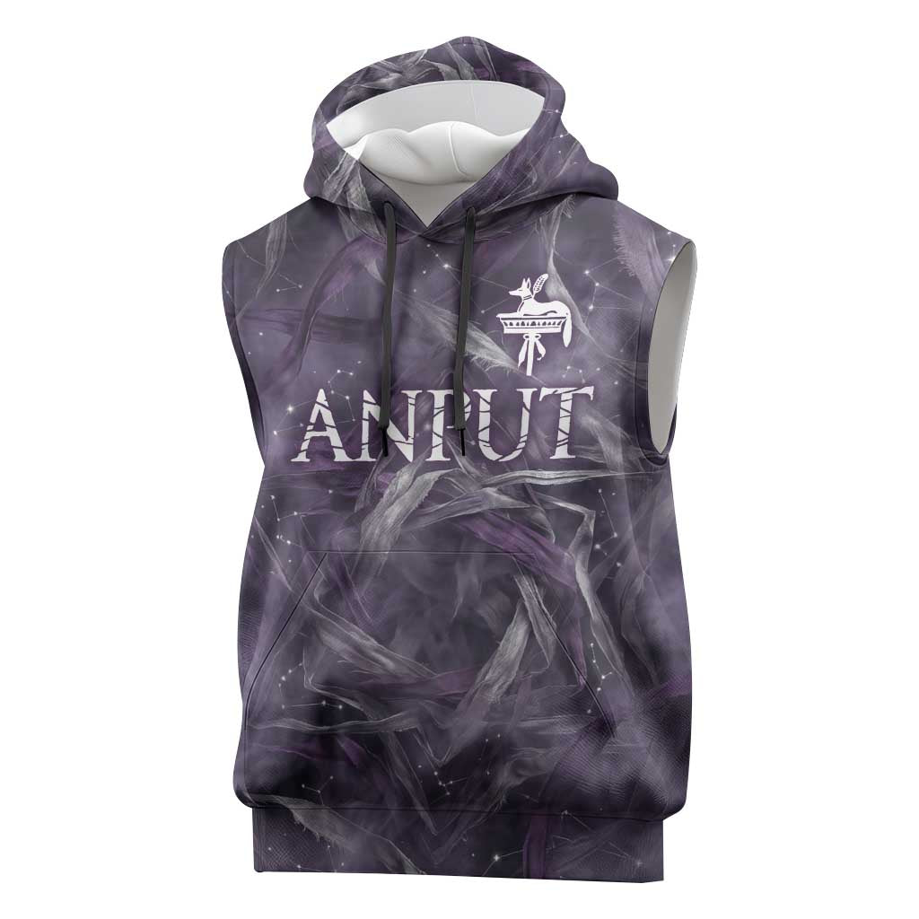 Anput Sacred Urn Sleeveless Hoodie with Papyrus Flowers Egyptian Guardian in Violet Mist