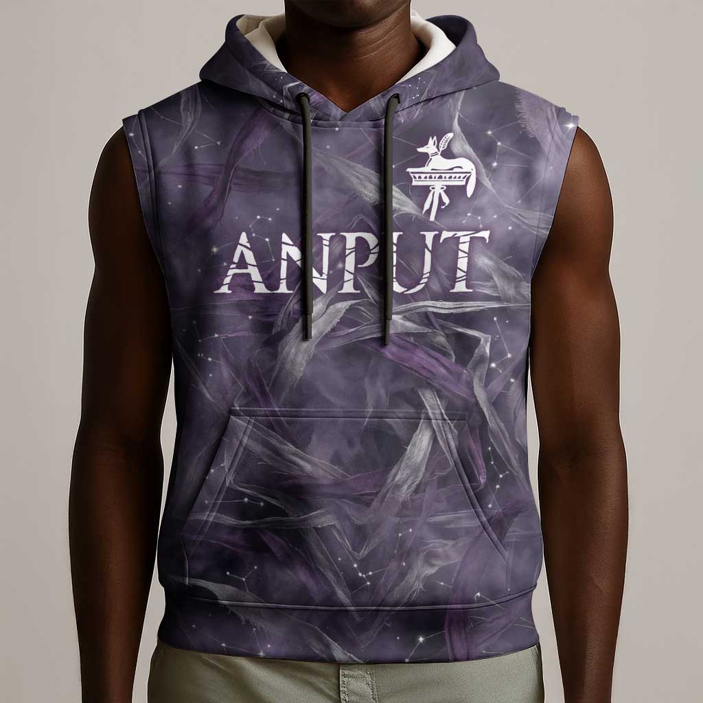 Anput Sacred Urn Sleeveless Hoodie with Papyrus Flowers Egyptian Guardian in Violet Mist