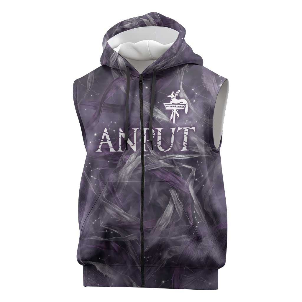 Anput Sacred Urn Sleeveless Zip Hoodie with Papyrus Flowers Egyptian Guardian in Violet Mist