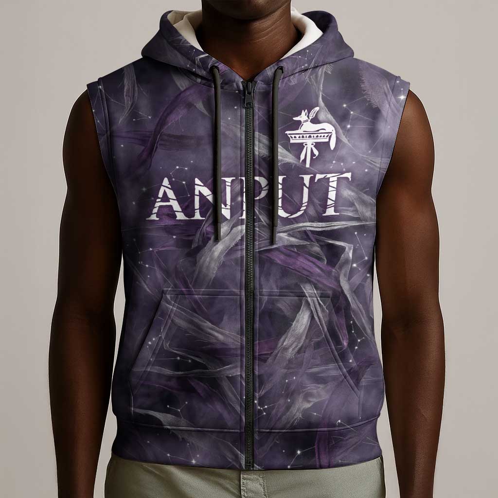 Anput Sacred Urn Sleeveless Zip Hoodie with Papyrus Flowers Egyptian Guardian in Violet Mist