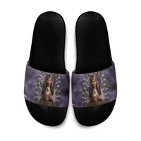 Anput Sacred Urn Slide Sandals with Papyrus Flowers Egyptian Guardian in Violet Mist