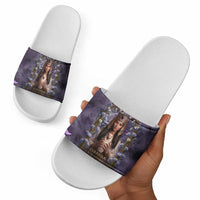 Anput Sacred Urn Slide Sandals with Papyrus Flowers Egyptian Guardian in Violet Mist