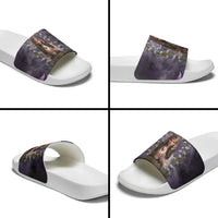 Anput Sacred Urn Slide Sandals with Papyrus Flowers Egyptian Guardian in Violet Mist