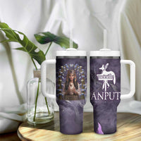 Anput Sacred Urn Tumbler With Handle with Papyrus Flowers Egyptian Guardian in Violet Mist