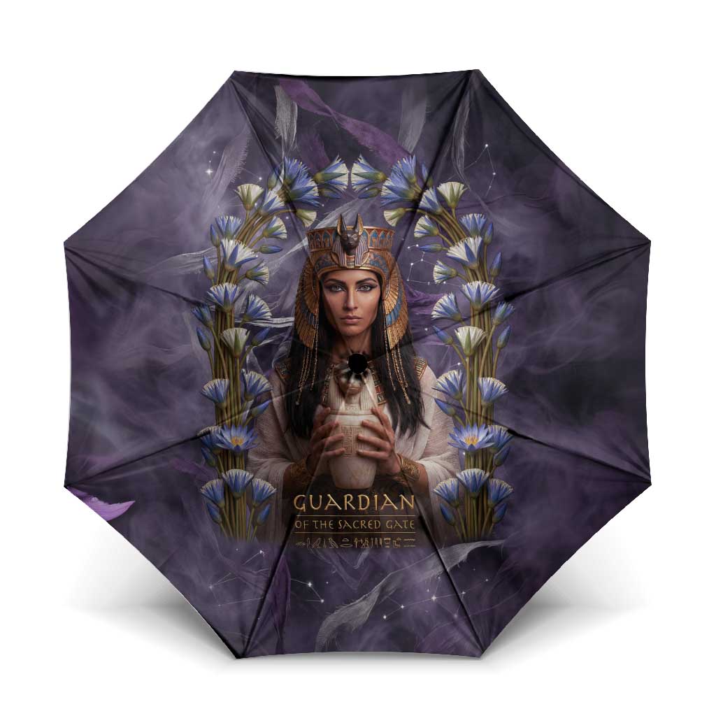Anput Sacred Urn Umbrella with Papyrus Flowers Egyptian Guardian in Violet Mist