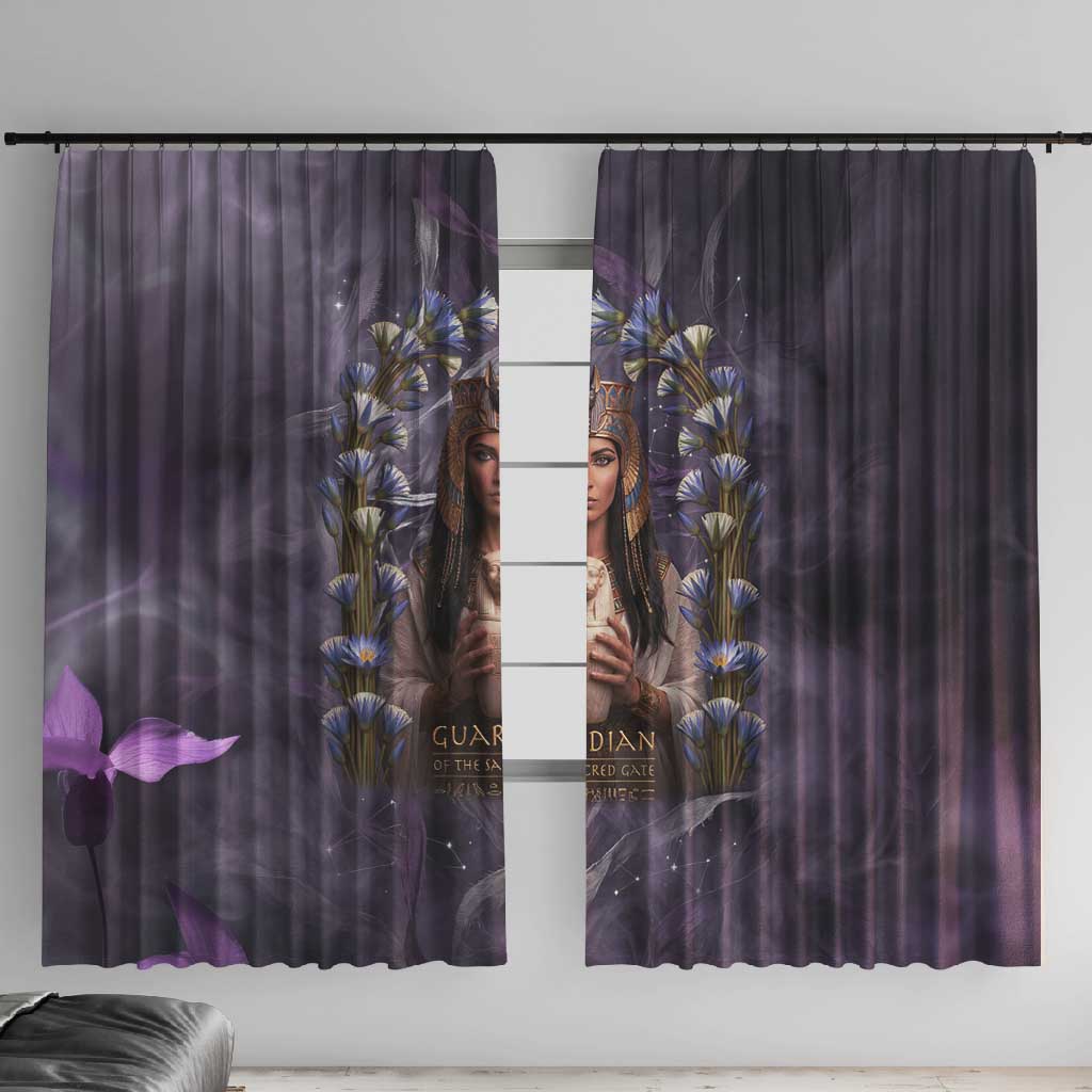 Anput Sacred Urn Window Curtain with Papyrus Flowers Egyptian Guardian in Violet Mist