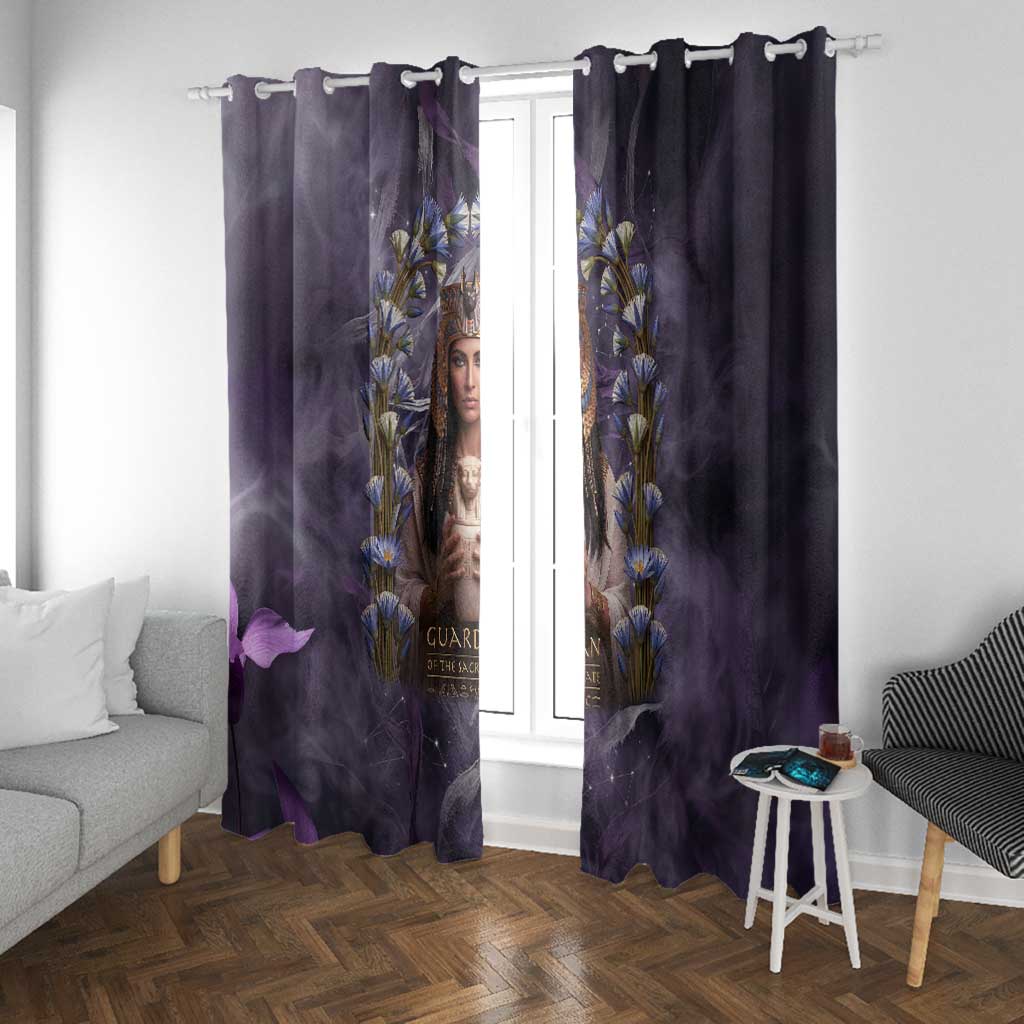 Anput Sacred Urn Window Curtain with Papyrus Flowers Egyptian Guardian in Violet Mist
