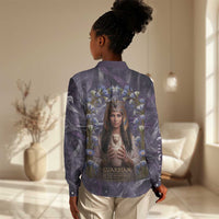 Anput Sacred Urn Women Casual Shirt with Papyrus Flowers Egyptian Guardian in Violet Mist