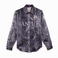 Anput Sacred Urn Women Casual Shirt with Papyrus Flowers Egyptian Guardian in Violet Mist