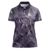 Anput Sacred Urn Women Polo Shirt with Papyrus Flowers Egyptian Guardian in Violet Mist