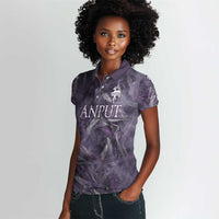 Anput Sacred Urn Women Polo Shirt with Papyrus Flowers Egyptian Guardian in Violet Mist