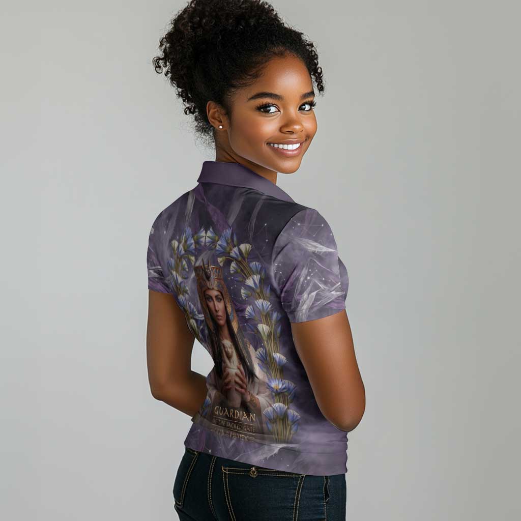 Anput Sacred Urn Women Polo Shirt with Papyrus Flowers Egyptian Guardian in Violet Mist