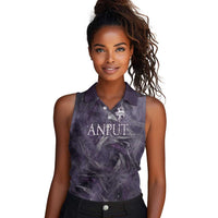 Anput Sacred Urn Women Sleeveless Polo Shirt with Papyrus Flowers Egyptian Guardian in Violet Mist