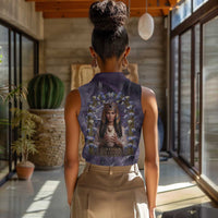 Anput Sacred Urn Women Sleeveless Polo Shirt with Papyrus Flowers Egyptian Guardian in Violet Mist