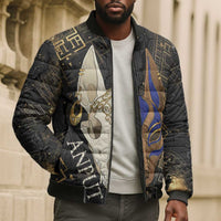 Anput Jackal Mask Bomber Puffer Jacket with Full Moon Egyptian Afterlife Symbolism