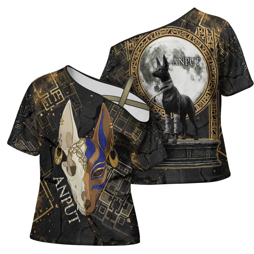 Anput Jackal Mask Cross Shoulder Shirt with Full Moon Egyptian Afterlife Symbolism