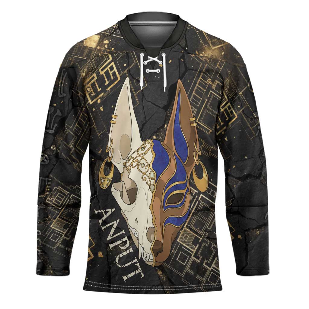 Anput Jackal Mask Hockey Jersey with Full Moon Egyptian Afterlife Symbolism