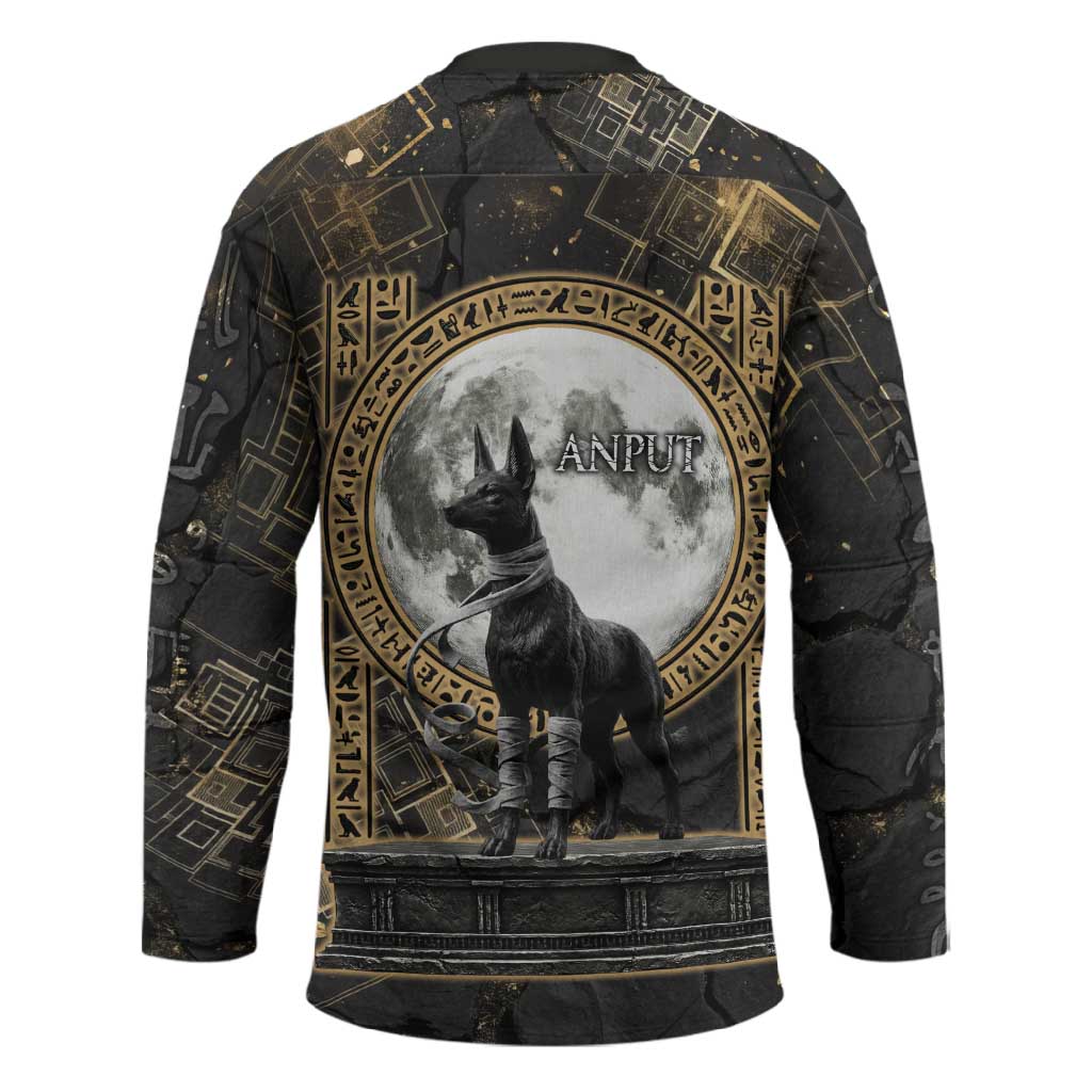 Anput Jackal Mask Hockey Jersey with Full Moon Egyptian Afterlife Symbolism
