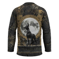 Anput Jackal Mask Hockey Jersey with Full Moon Egyptian Afterlife Symbolism