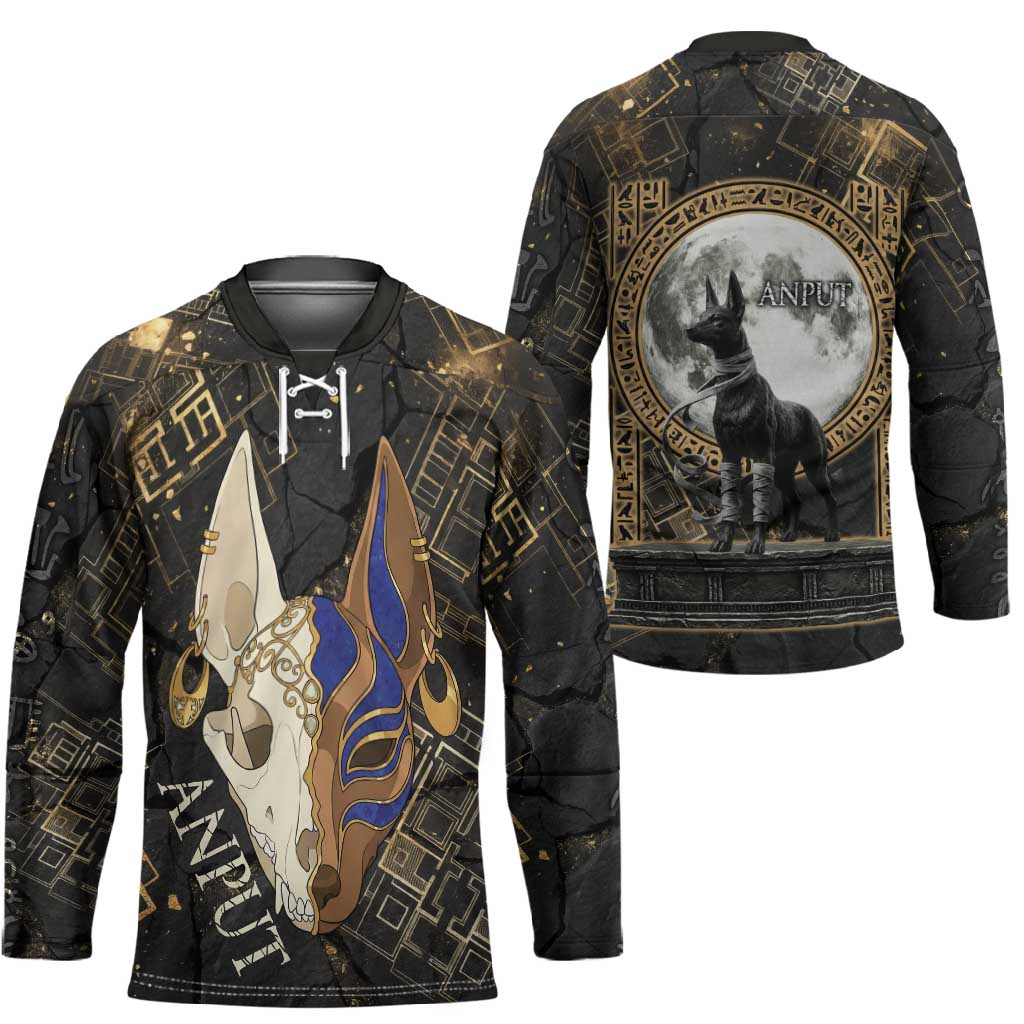 Anput Jackal Mask Hockey Jersey with Full Moon Egyptian Afterlife Symbolism