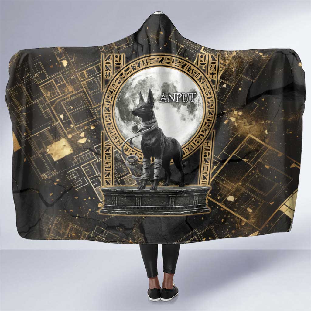 Anput Jackal Mask Hooded Blanket with Full Moon Egyptian Afterlife Symbolism