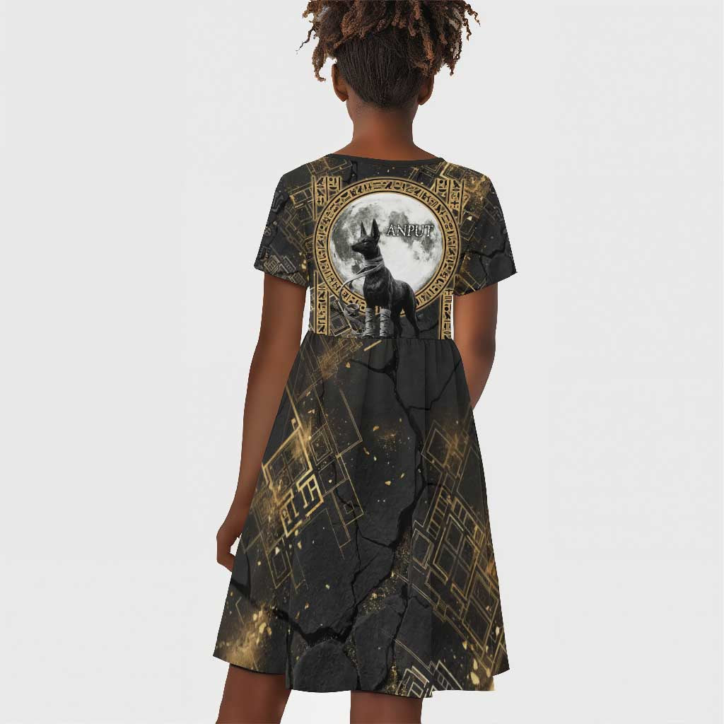 Anput Jackal Mask Kid Short Sleeve Dress with Full Moon Egyptian Afterlife Symbolism